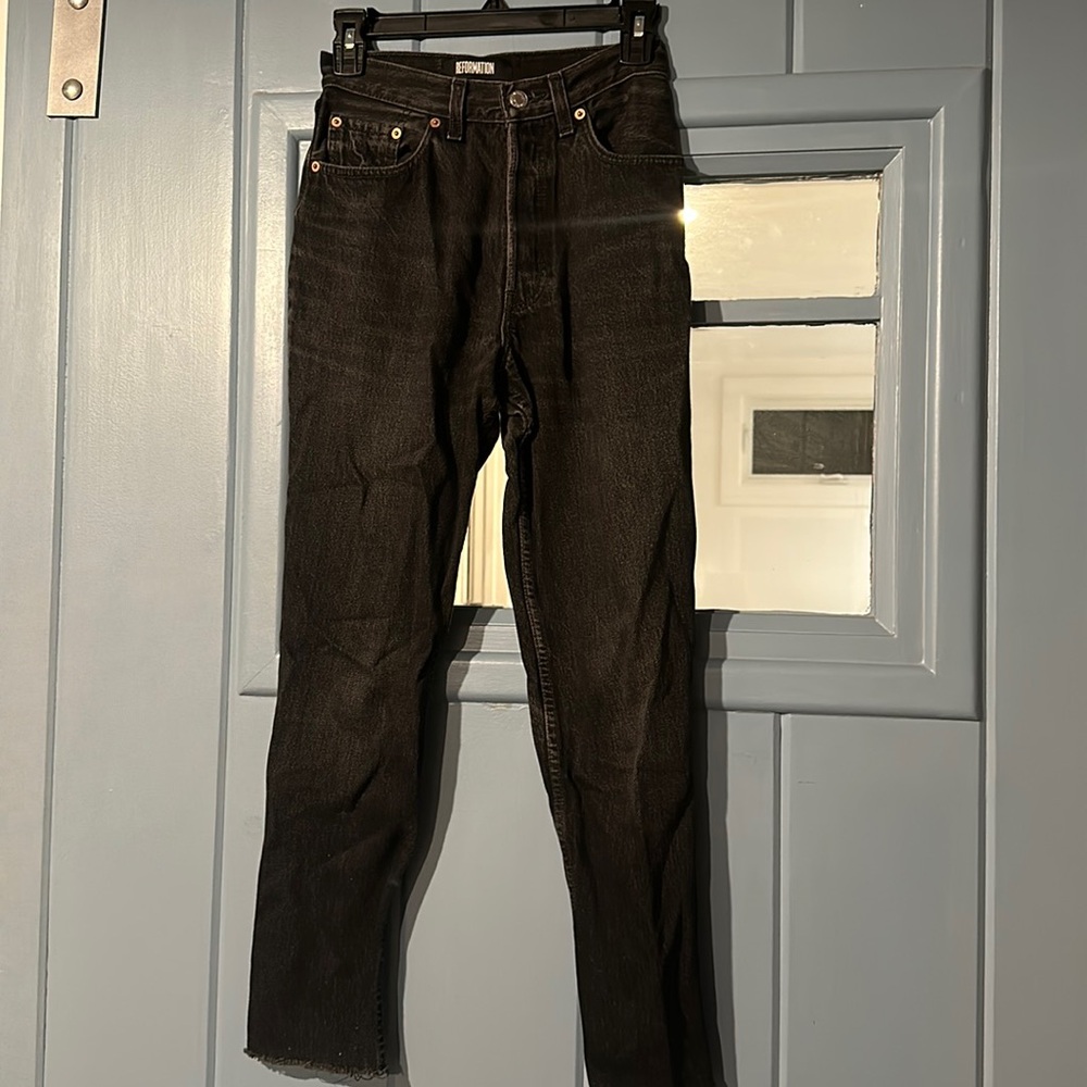Reformation Repurposed Black Acid Wash Levi straight leg jeans